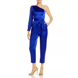 Aidan Mattox Women’s Size 10 Blue Satin One Shoulder Jumpsuit Tie Waist Belted